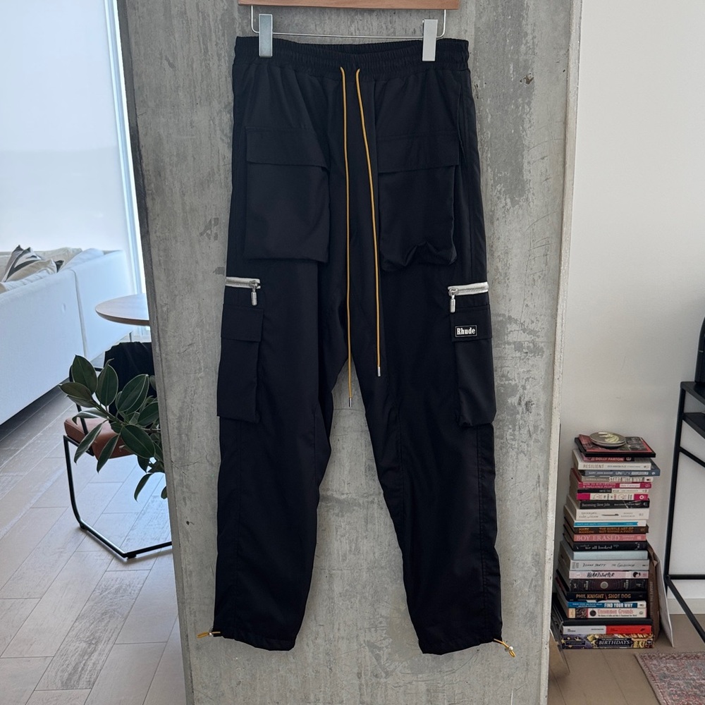 Rhude Black Cargo Pants with Yellow and Silver Details